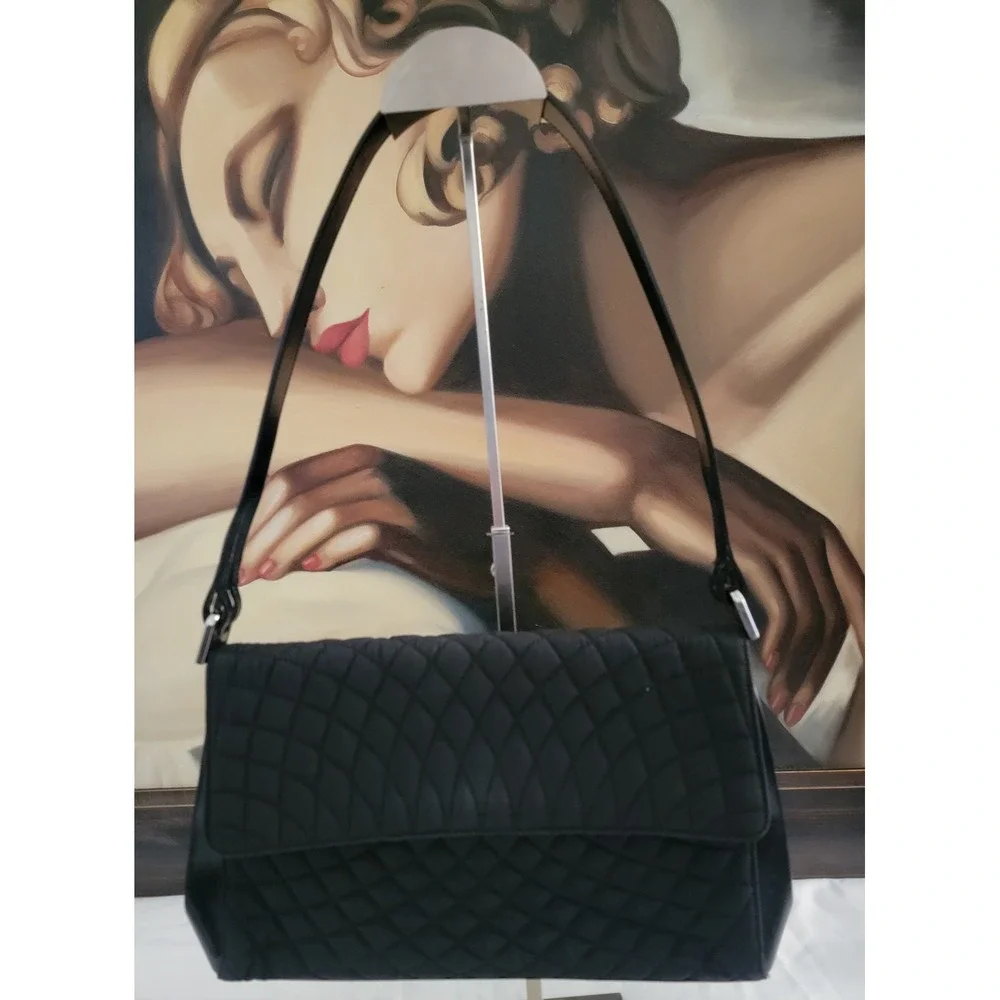 Bally Blk Quilt Nylon Leather Trim‎ Shoulder Bag Silver Hardware Handbag vintage
